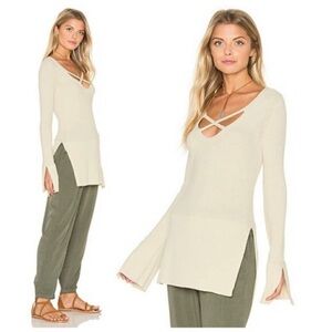 Free People Andi Woven Criss Cross Long Sleeve Tunic Small Tan Linen Blend